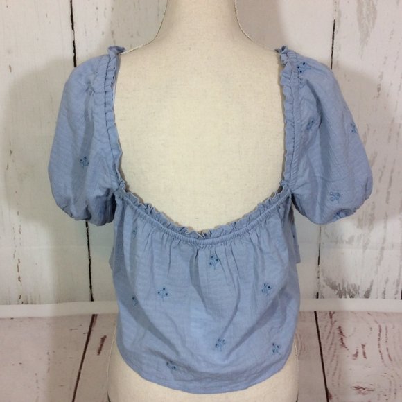 2/$30 ZARA Blue Eyelet Cropped Top Size Medium Short Peasant Crop Top Boho - Picture 9 of 12